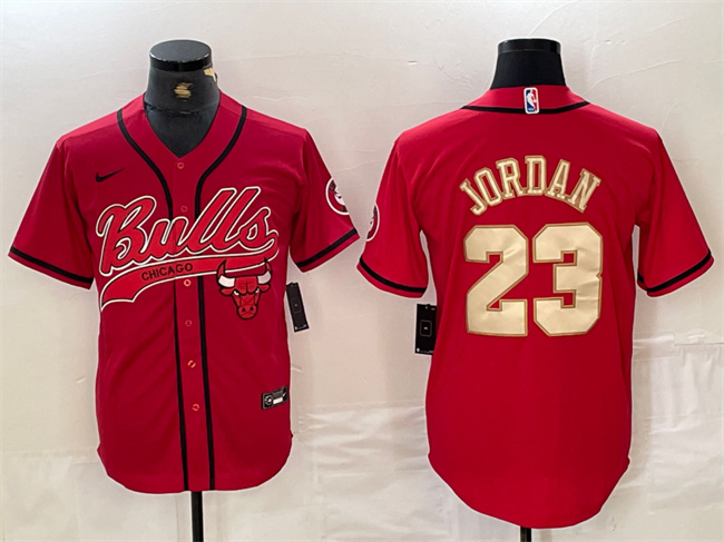 Men's Chicago Bulls #23 Michael Jordan Red/Gold Cool Base Stitched Baseball Jersey